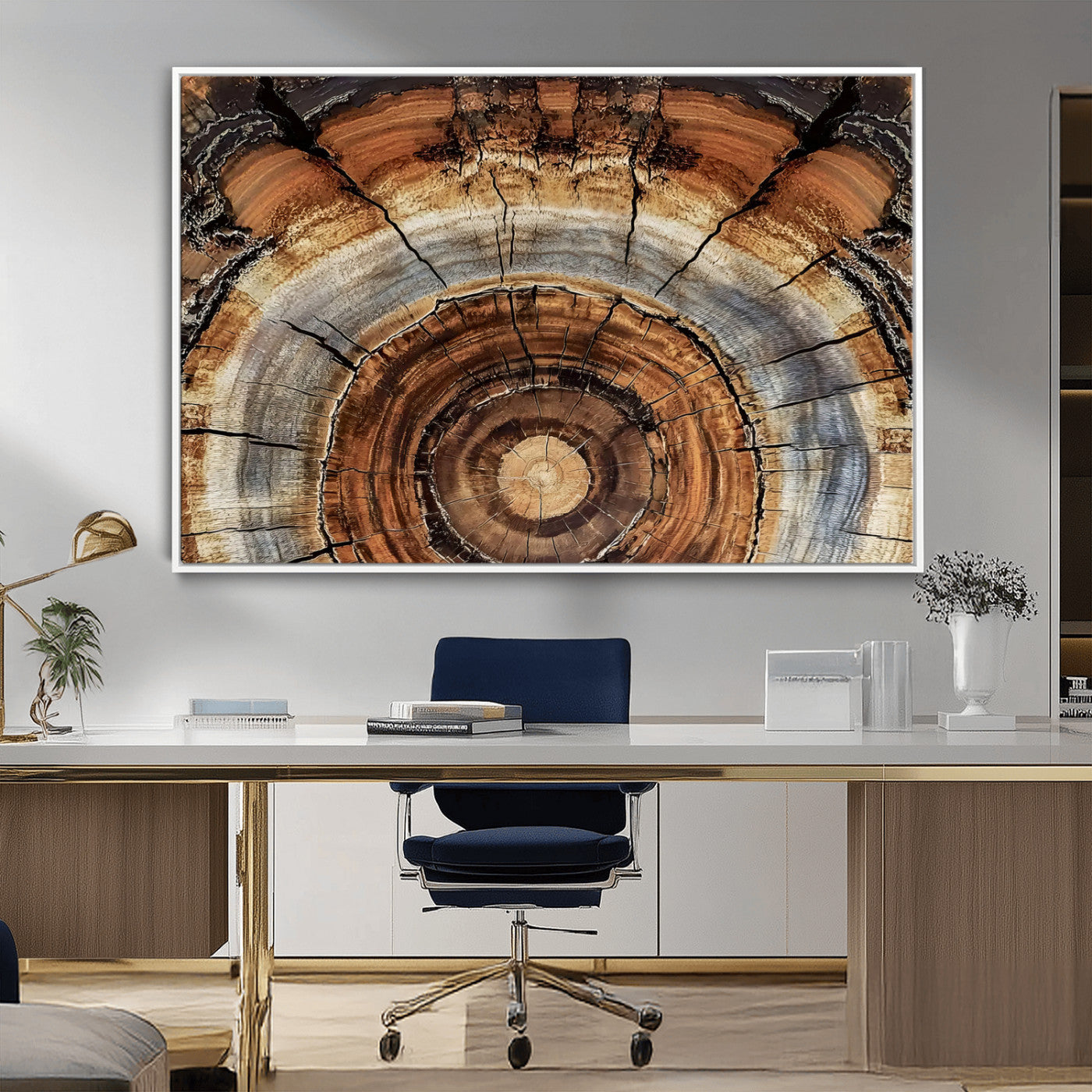 Canvas of tree rings and natural wood grain in earthy tones, ideal for rustic or vintage-inspired home decor with organic textures.