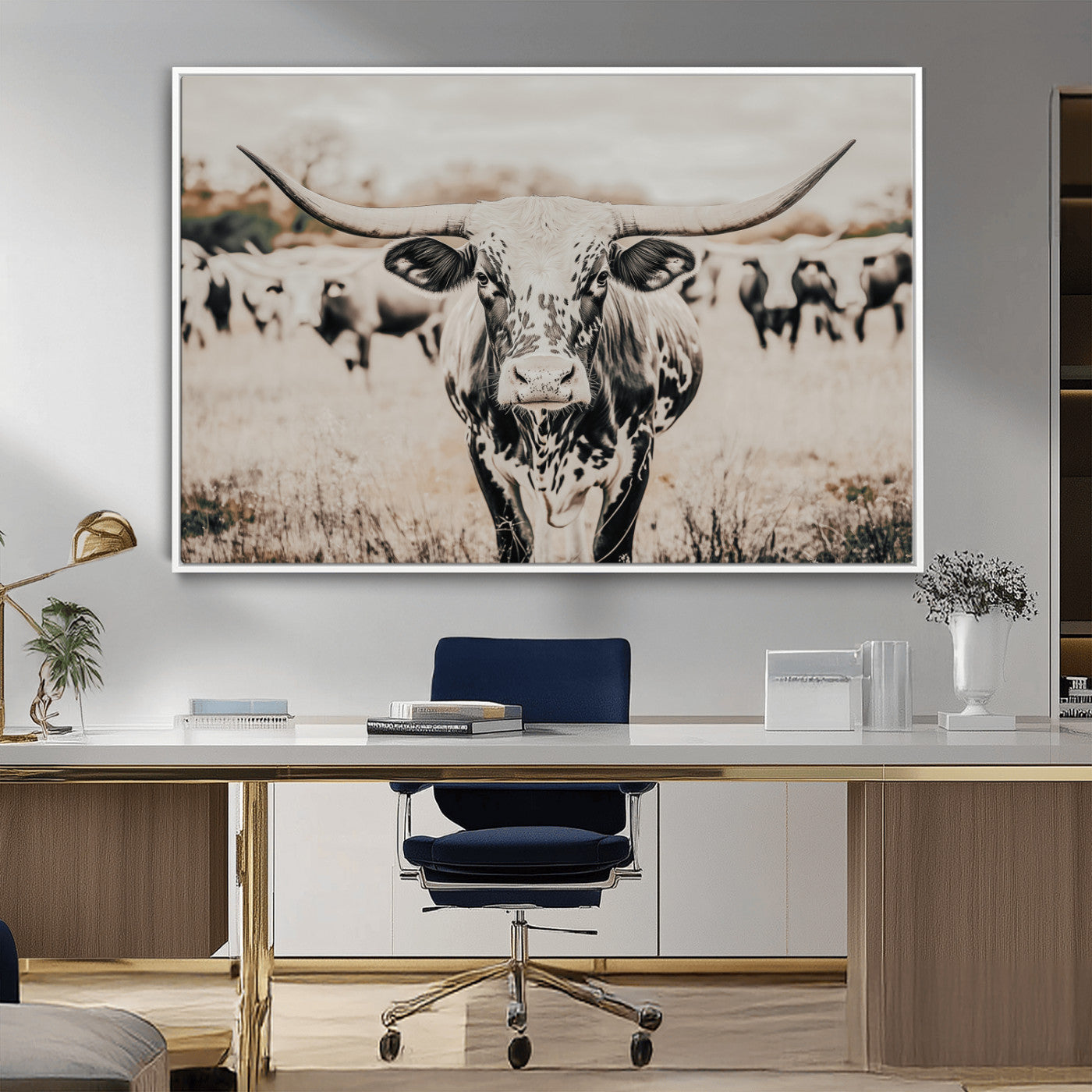 Canvas of a speckled Texas longhorn standing boldly in a field with a herd behind, perfect for rustic western or farmhouse wall decor.