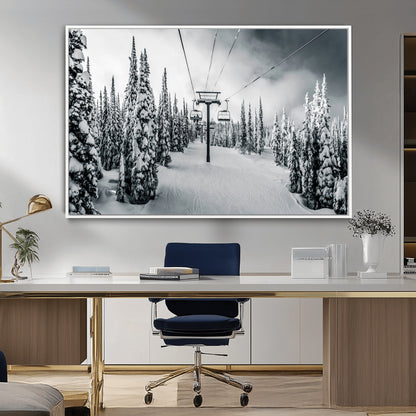 Canvas of a snowy ski lift scene through a forest of tall pine trees, ideal for moody winter or alpine-themed home decor.