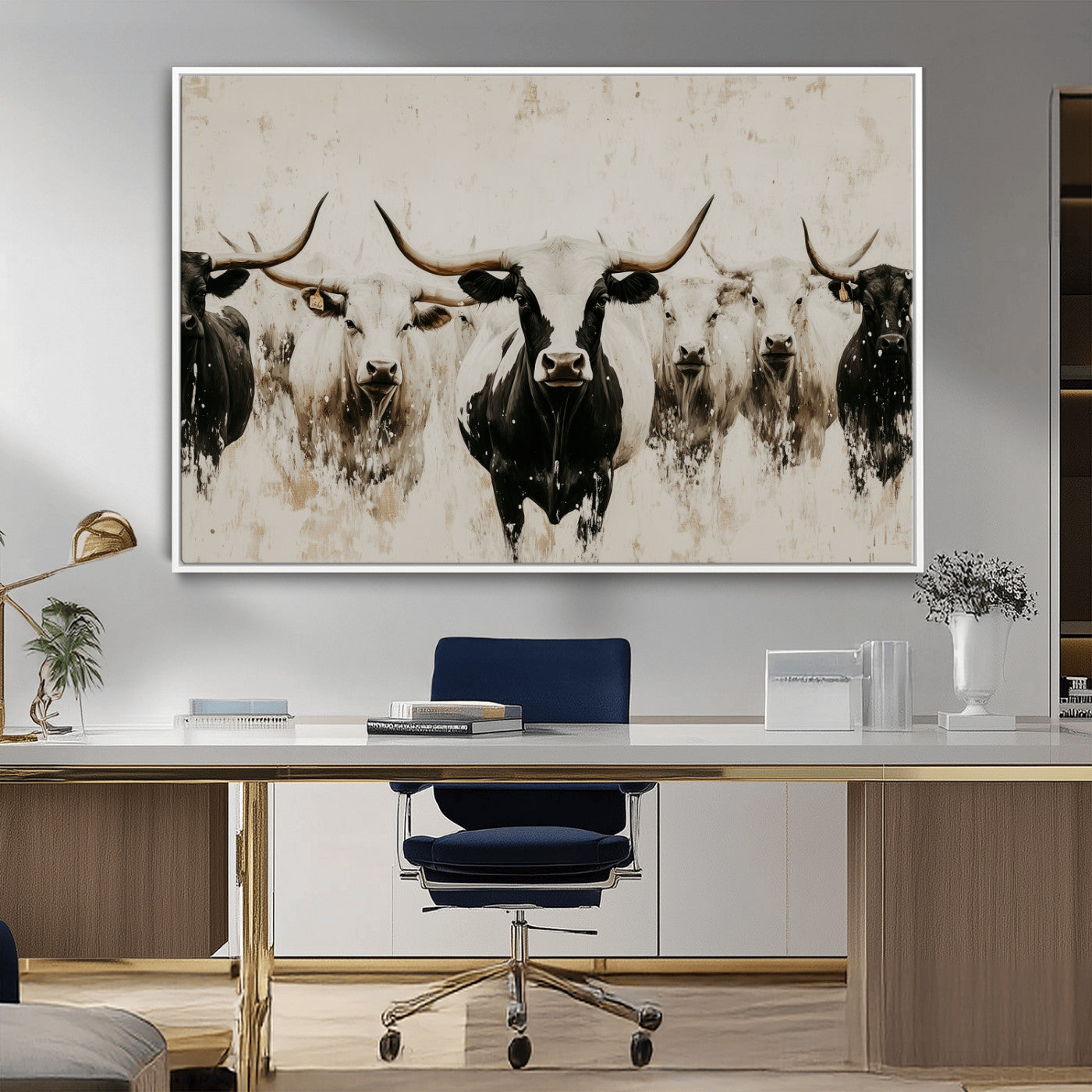 Illustrated herd of longhorn cattle in black and white tones with a neutral textured background, perfect for rustic or farmhouse-style decor.