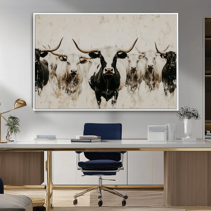Illustrated herd of longhorn cattle in black and white tones with a neutral textured background, perfect for rustic or farmhouse-style decor.