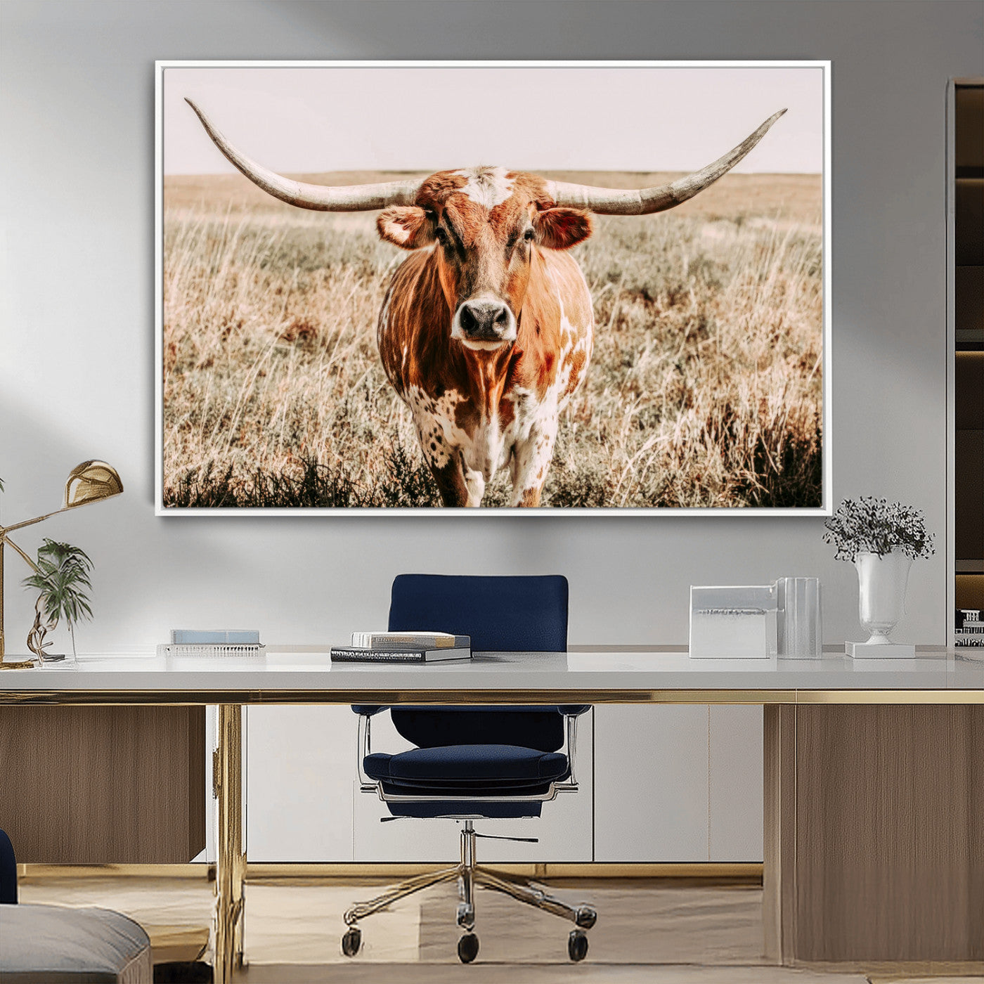 Framed longhorn cow canvas wall art with rustic prairie background, western animal print perfect for farmhouse or ranch style decor