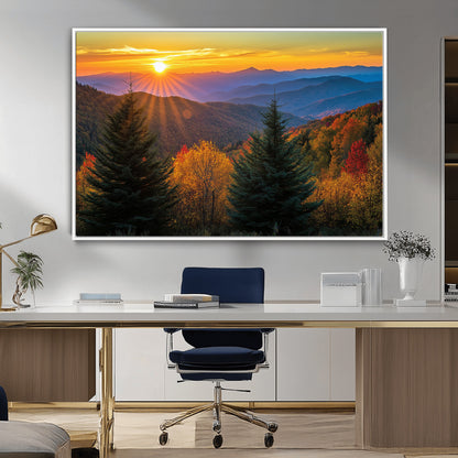 Vibrant sunset over autumn mountains with colorful trees and warm light, ideal for nature lovers or cabin-style wall decor.