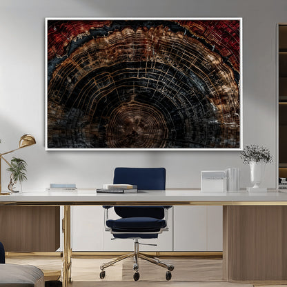 Dark Wood Wall Art Print - Petrified Tree Canvas Print, featuring an intricate tree ring pattern with deep earthy tones and organic textures, perfect for rustic and nature-inspired decor.