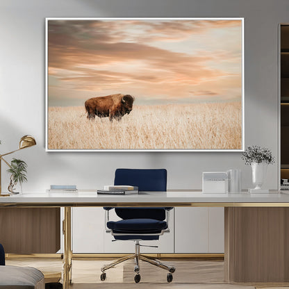 Bison Wall Art Print - Buffalo Canvas Print, featuring a lone bison in a golden prairie under a warm sunset sky, perfect for rustic and farmhouse decor.