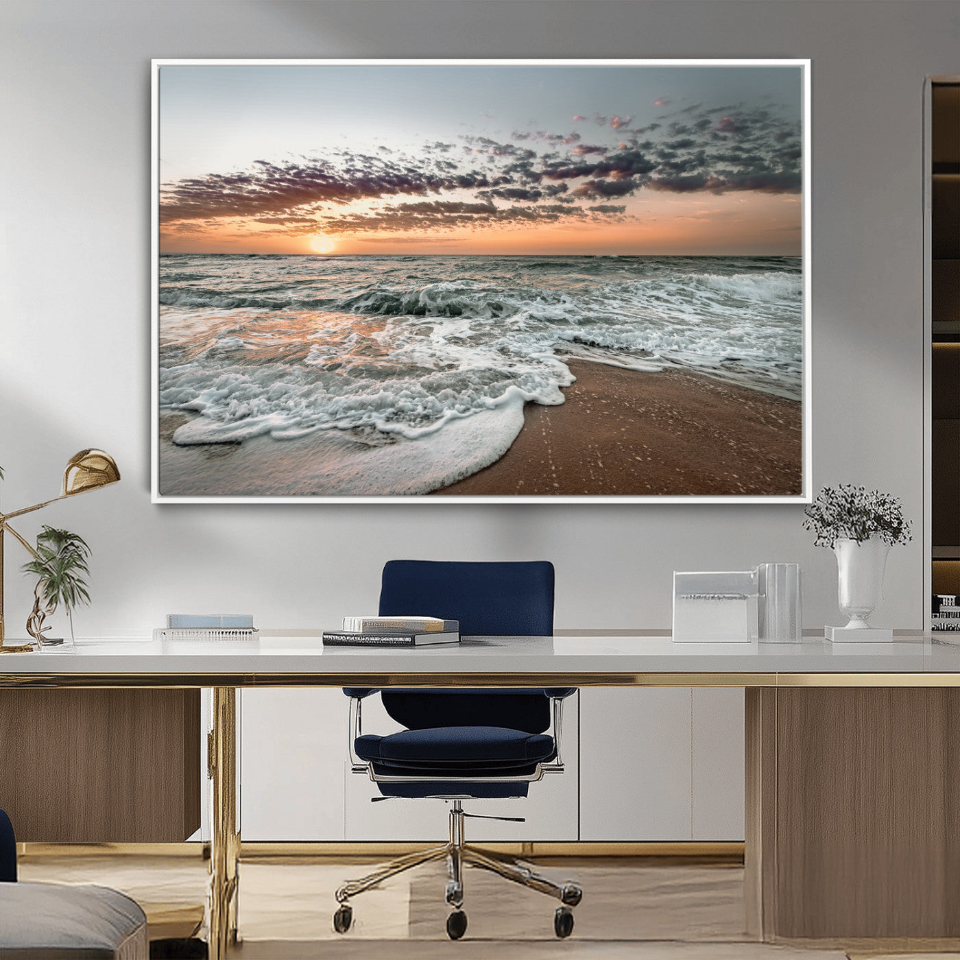 Ocean Sunset Wall Art Print - Beach Waves Canvas Print, featuring a serene seascape with golden sunlight reflecting on gentle waves, perfect for coastal and minimalist decor.