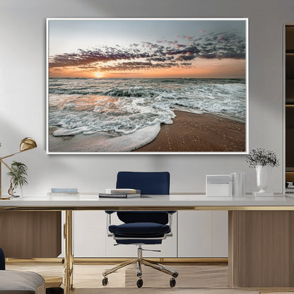 Ocean Sunset Wall Art Print - Beach Waves Canvas Print, featuring a serene seascape with golden sunlight reflecting on gentle waves, perfect for coastal and minimalist decor.