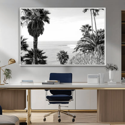 Monochrome canvas of palm trees framing a coastal surf scene, perfect for California-inspired or retro black-and-white beach decor.