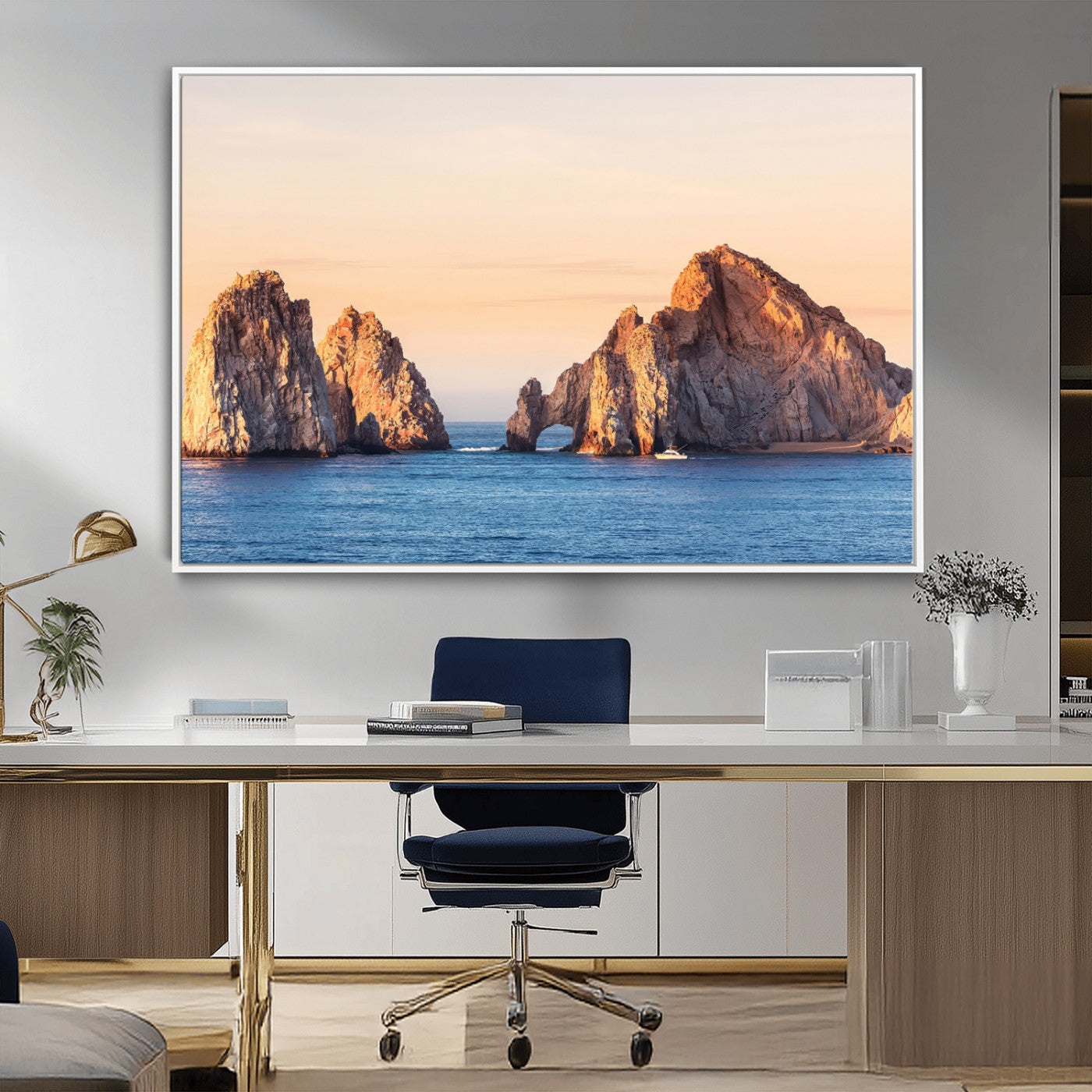 Framed canvas of El Arco rock formation in Cabo San Lucas at golden hour, ideal for coastal landmark or ocean-inspired decor.