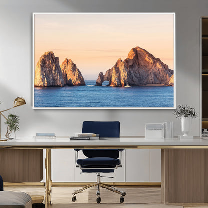 Framed canvas of El Arco rock formation in Cabo San Lucas at golden hour, ideal for coastal landmark or ocean-inspired decor.