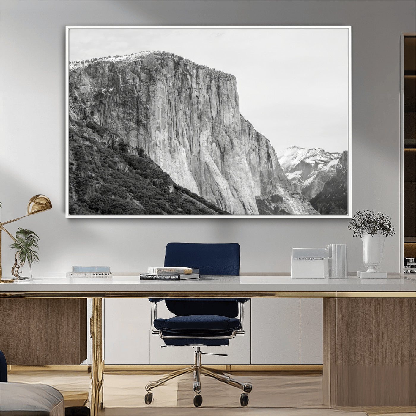 Monochrome canvas of El Capitan’s granite wall in Yosemite with snowy peaks, ideal for dramatic mountain or black-and-white nature decor.