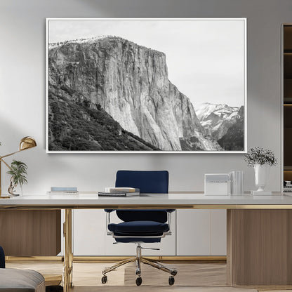 Monochrome canvas of El Capitan’s granite wall in Yosemite with snowy peaks, ideal for dramatic mountain or black-and-white nature decor.