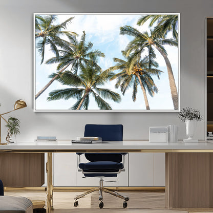 Framed canvas of tall palm trees reaching into a tropical sky, ideal for beach home or relaxed island-inspired wall decor.
