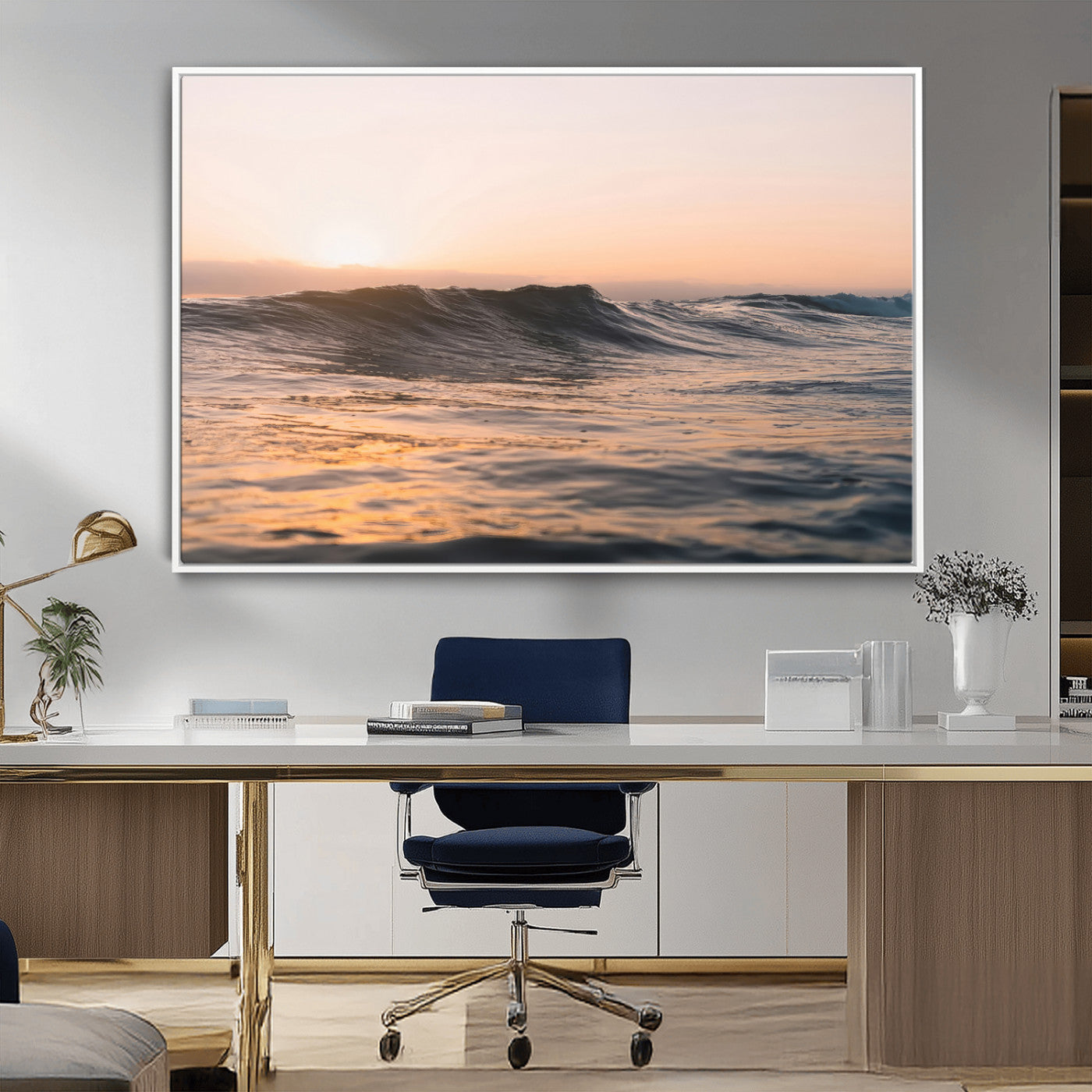 Framed canvas of ocean waves glowing in sunset light, ideal for golden hour calm or peaceful coastal-inspired wall decor.