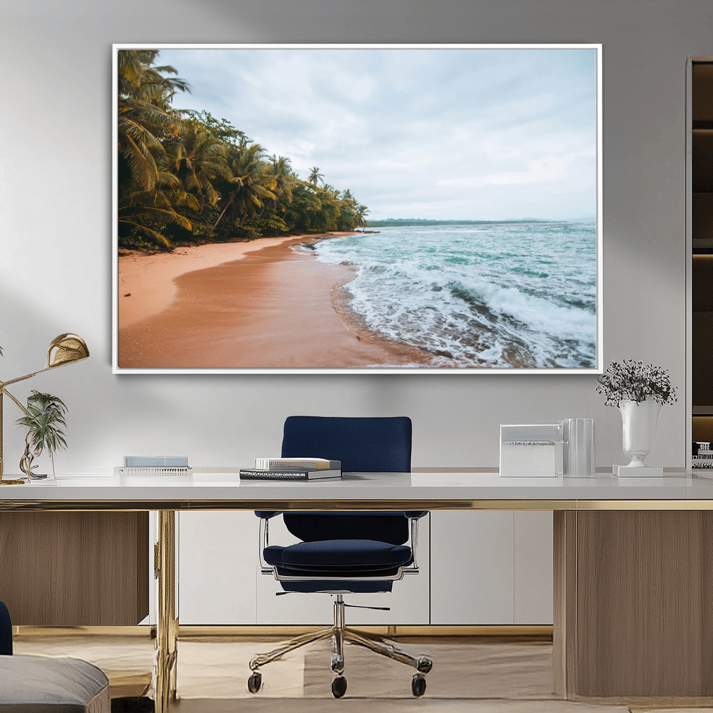 Framed canvas of a tropical beach with palm trees and soft waves, ideal for coastal escape or serene nature-inspired home decor.