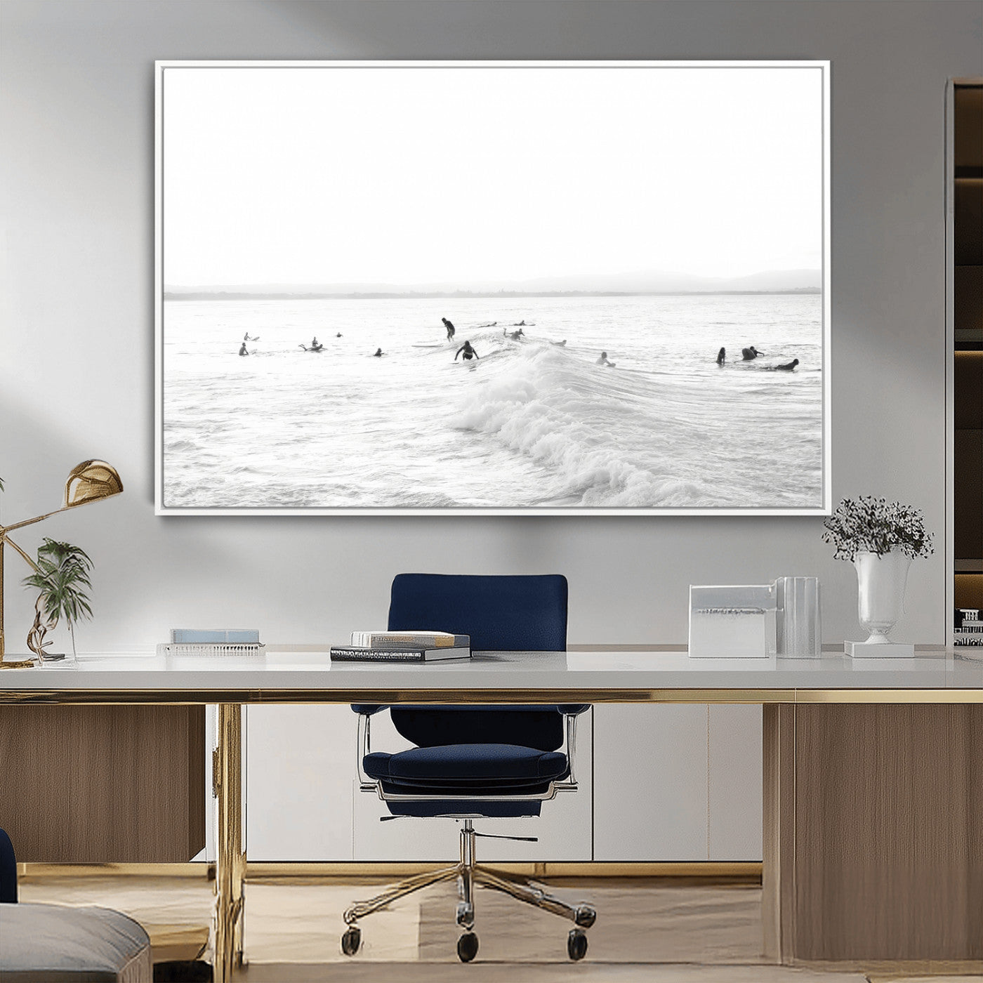 Monochrome photo of surfers riding and waiting on ocean waves, ideal for surf-themed or coastal energy wall decor.