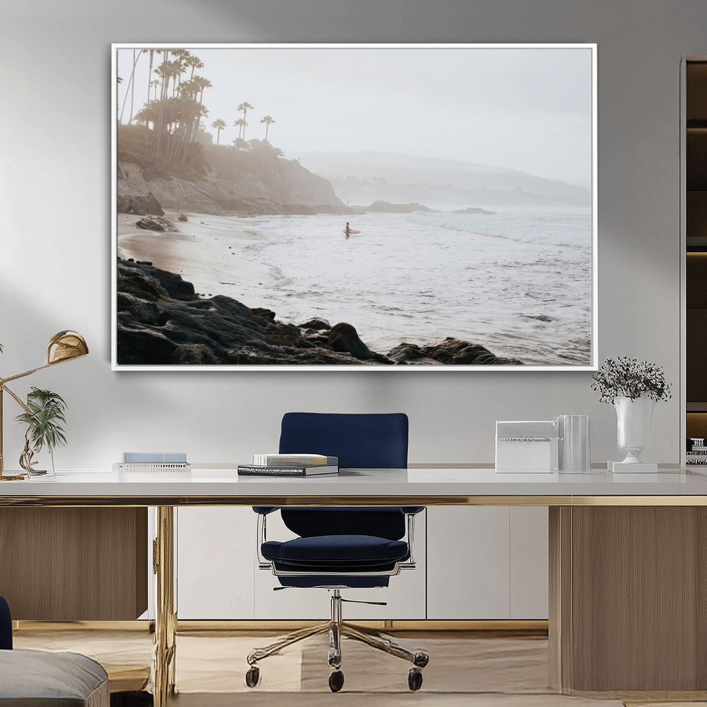 Framed canvas of a surfer in misty coastal tones at a foggy California beach, ideal for minimalist coastal beach or serene ocean-themed decor.