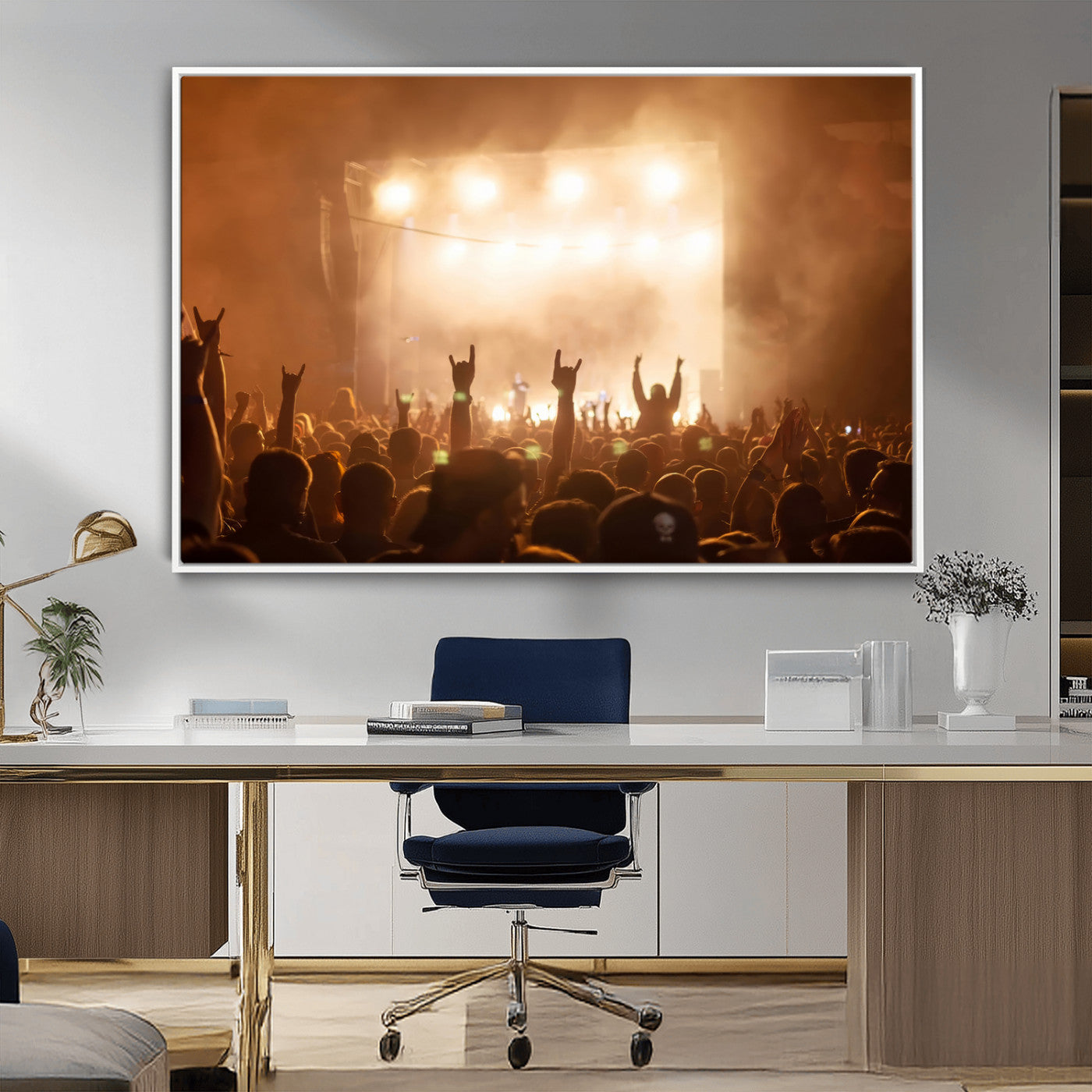 High-energy photo of a rock concert crowd with raised hands and smoky lights, perfect for industrial or music-themed room decor.