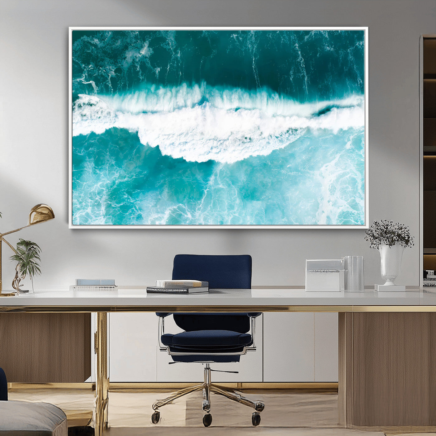 Aerial view of turquoise ocean waves crashing with white foam, perfect for tropical coastal or modern beach-style home decor.