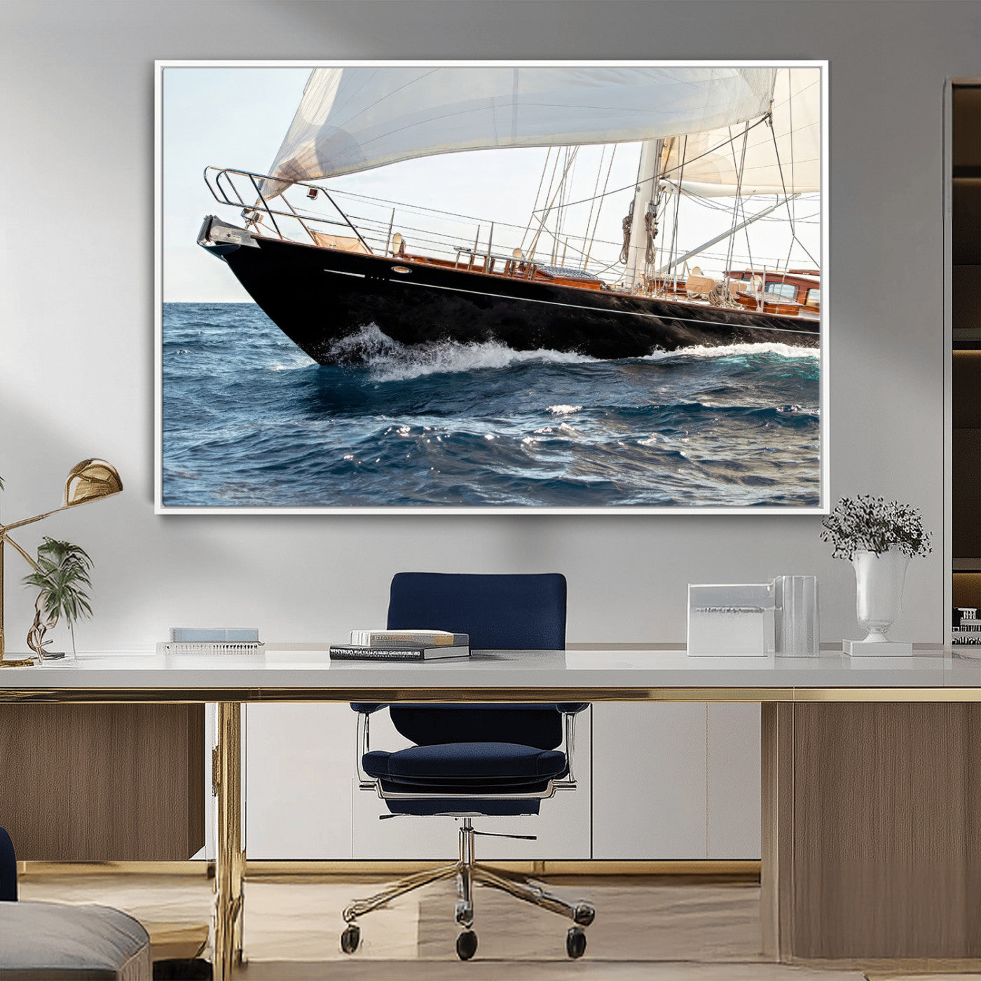 Close-up of a classic sailing yacht with wooden deck and full sails, perfect for nautical or coastal-style decor in ocean-themed spaces.