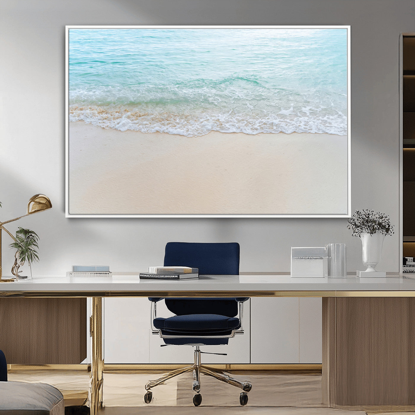 Soft shoreline with gentle aqua waves on smooth sand, ideal for minimalist coastal or pastel ocean-inspired home wall decor.