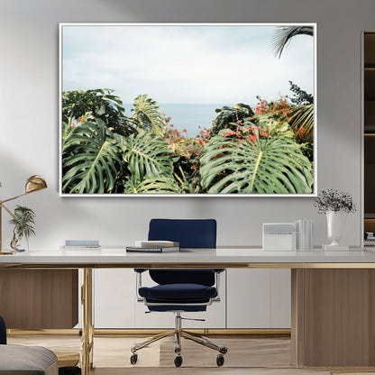 Monstera leaves and tropical flowers framing a calm ocean view, ideal for tropical coastal or exotic jungle-style interior wall decor.