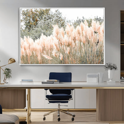 Soft pastel pampas grasses in a natural setting, ideal for neutral boho or rustic botanical-style interior wall decoration.