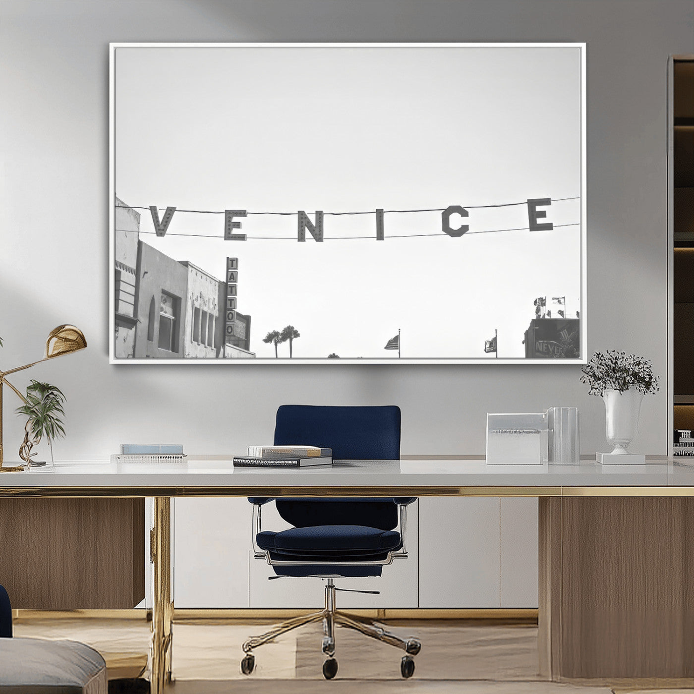 Black and white photo of Venice Beach sign and palm-lined street, perfect for urban coastal or minimalist LA-inspired wall decoration.