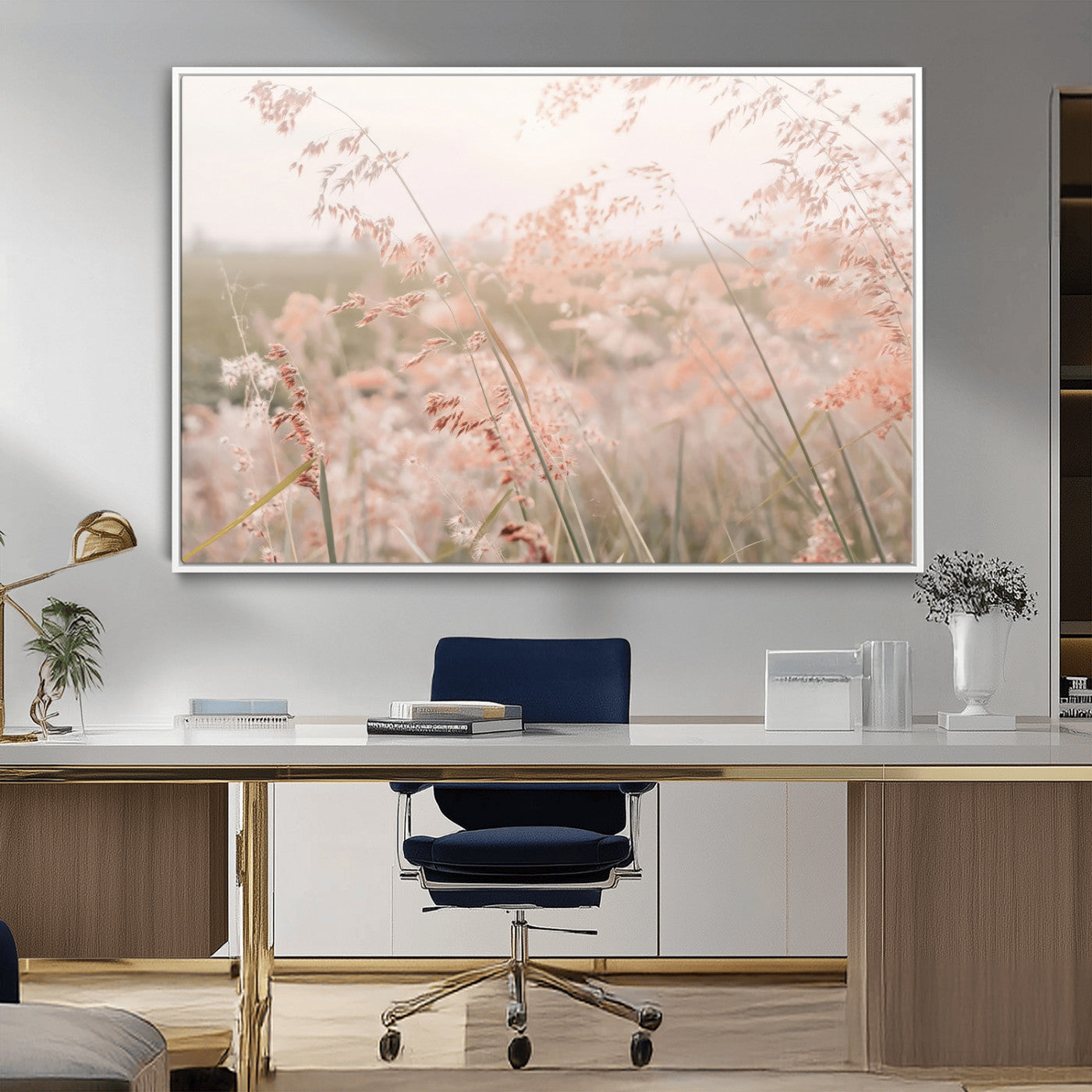 Soft pastel field with wild grasses in warm light, ideal for minimal nature or airy countryside-inspired interior wall decoration.