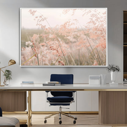 Soft pastel field with wild grasses in warm light, ideal for minimal nature or airy countryside-inspired interior wall decoration.