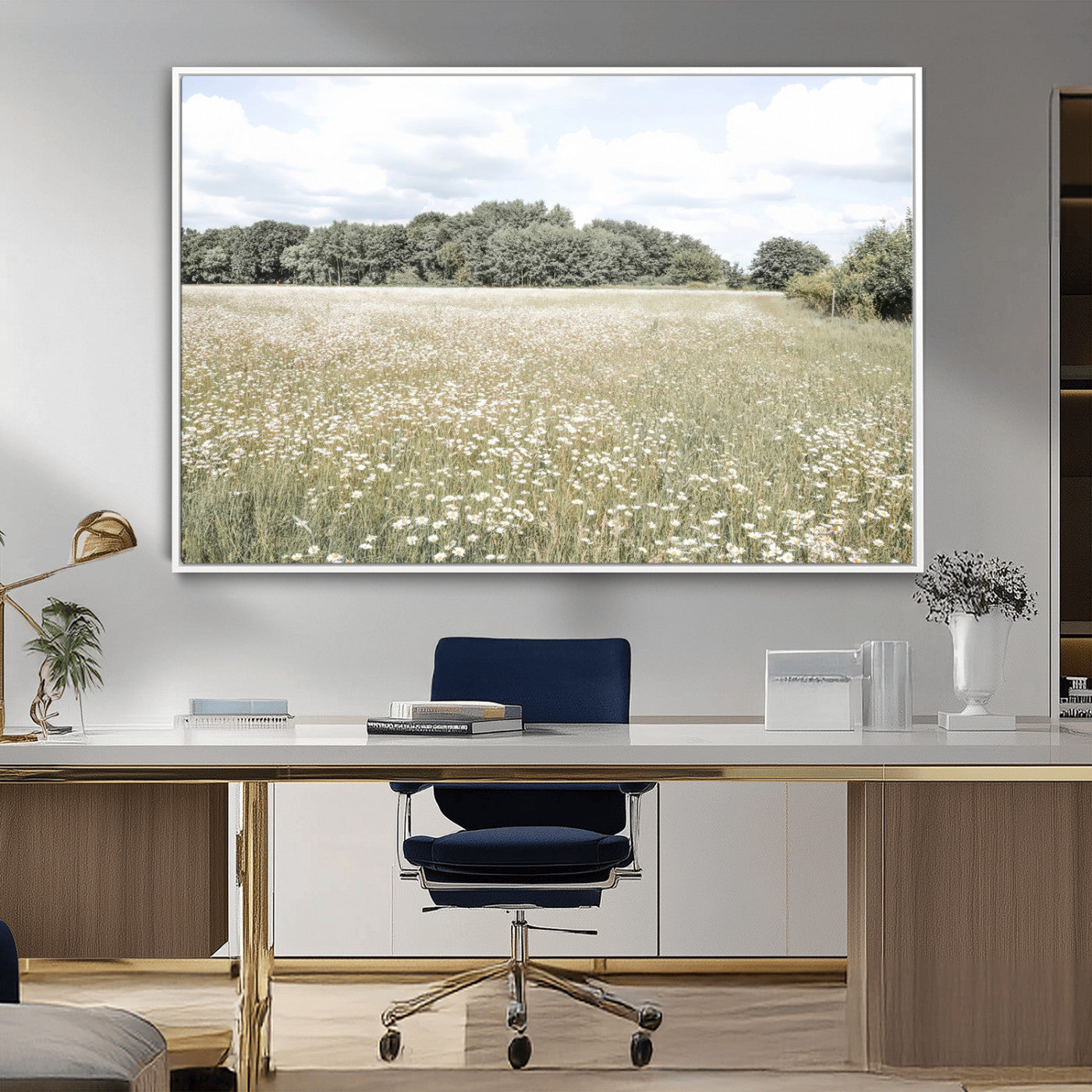 Soft-toned image of a wild daisy field under a cloudy sky, ideal for neutral or Scandinavian-inspired home decor.