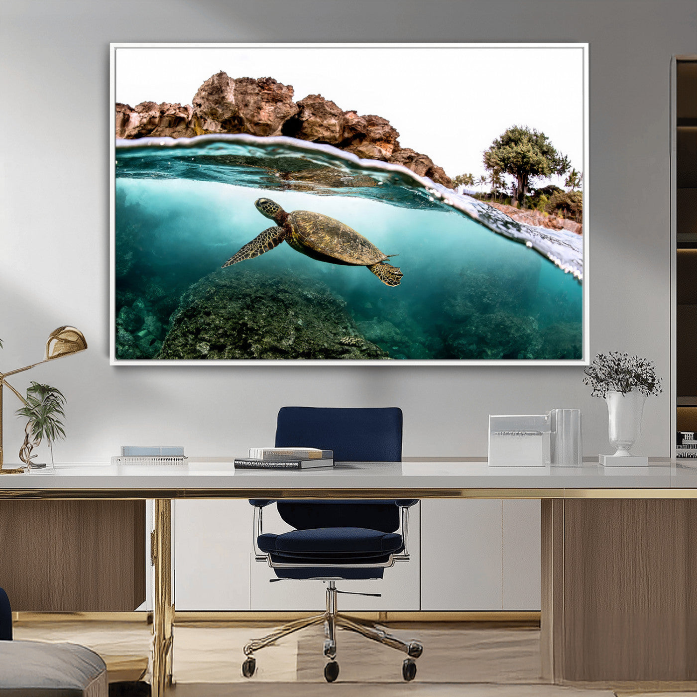 Dynamic split-view photo of a sea turtle swimming near rocky shores, perfect for vibrant coastal or tropical beach home decor.