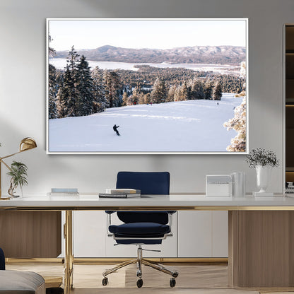 Canvas of a snowy mountain ski slope with pine trees and bright winter light, ideal for modern rustic or alpine-inspired home decor.