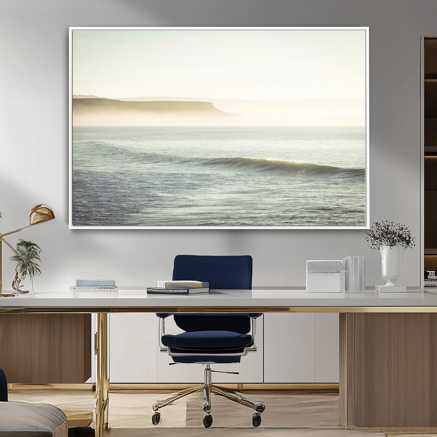 Canvas of a misty ocean scene with coastal cliffs and soft neutral tones, ideal for Scandinavian coastal or minimalist nature-inspired home decor.