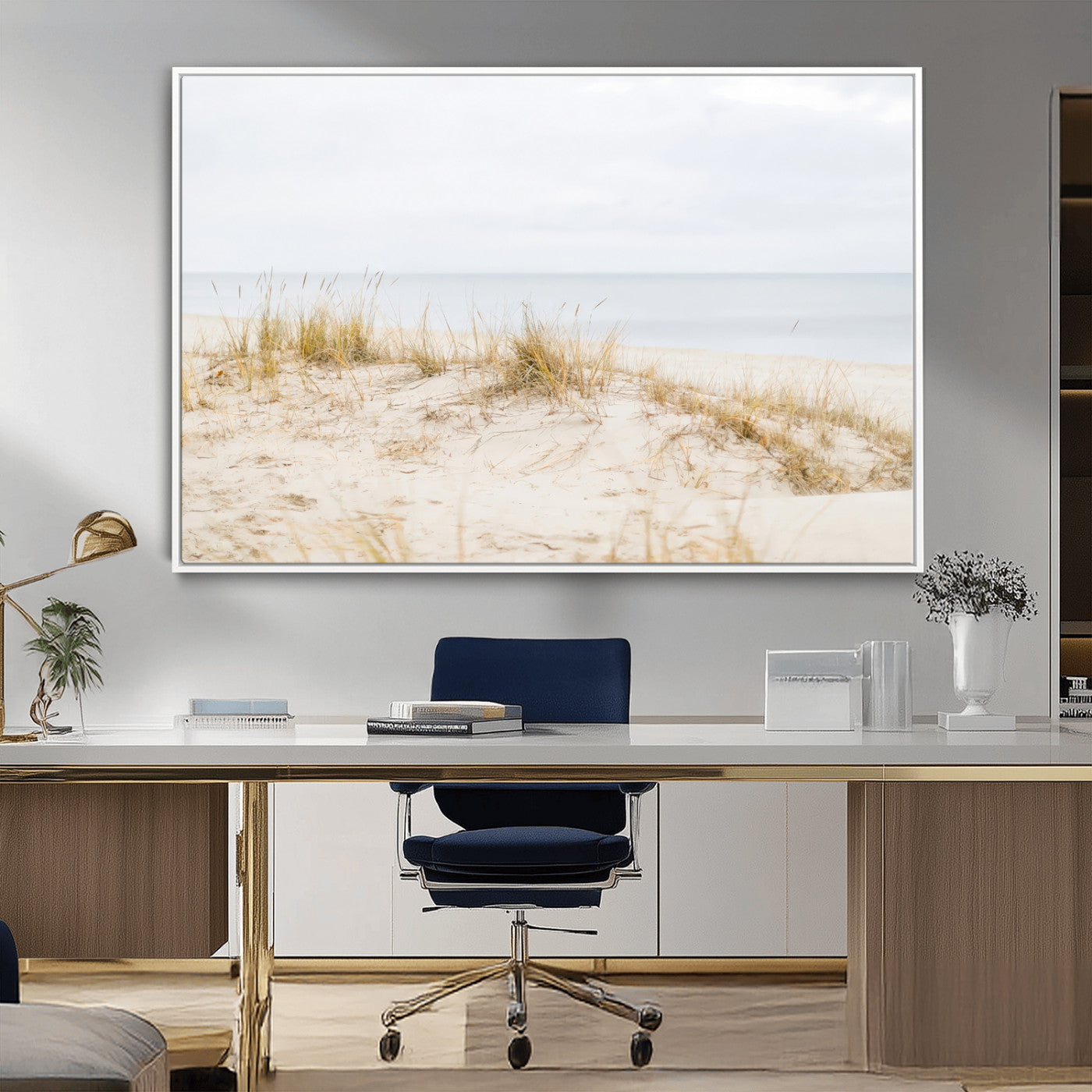 Canvas of soft beach dunes and coastal grasses in neutral tones, perfect for Scandinavian coastal or minimalist nature-inspired home decor.   2/2