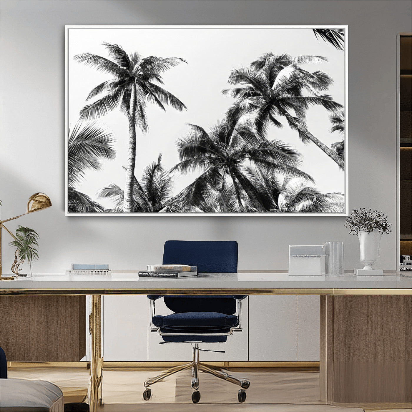 Black and white canvas of tall palm trees in moody tones, perfect for modern tropical minimalist or coastal-style home decor.