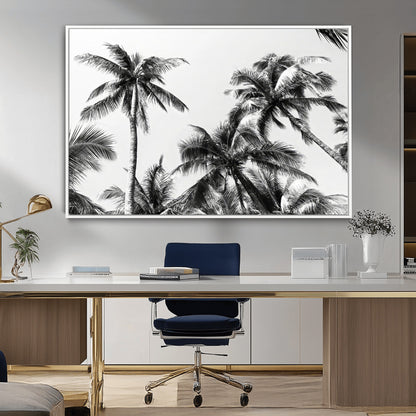 Black and white canvas of tall palm trees in moody tones, perfect for modern tropical minimalist or coastal-style home decor.