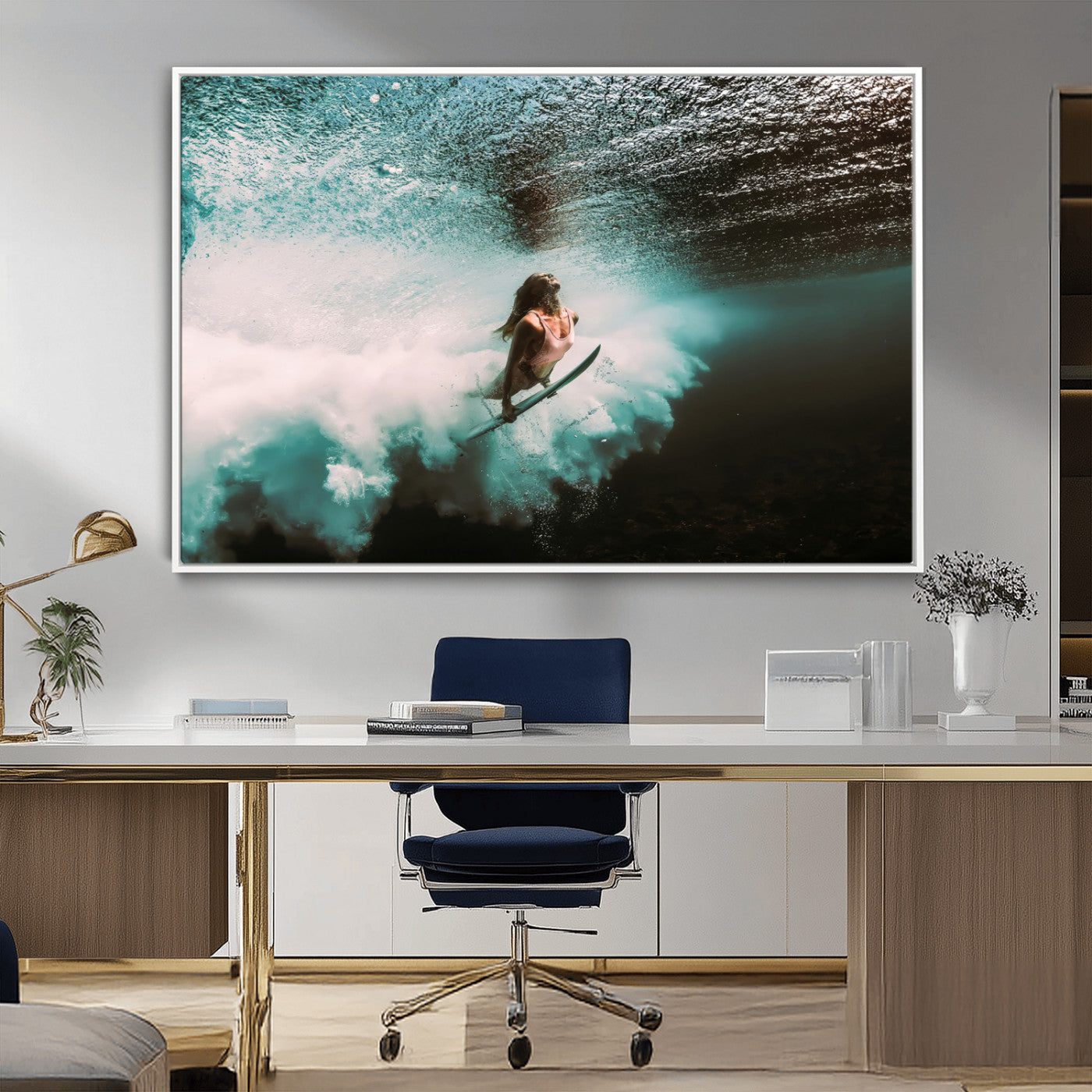 Vibrant underwater photo of a female surfer diving through turquoise waves, perfect for coastal boho or surf-inspired home decor.