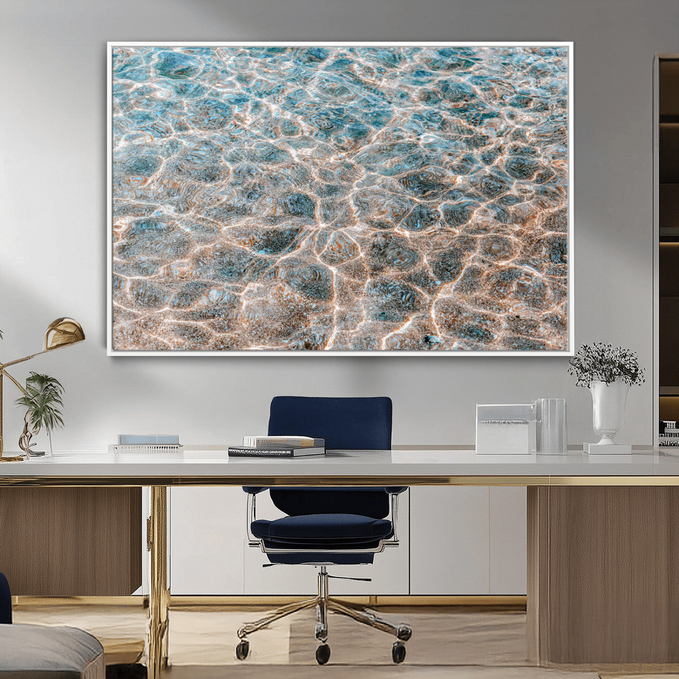 Close-up of sunlit ocean ripples with aqua blue and golden tones, ideal for modern coastal or minimalist home decor.