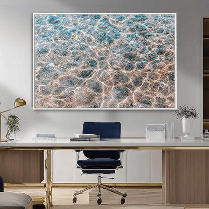 Close-up of sunlit ocean ripples with aqua blue and golden tones, ideal for modern coastal or minimalist home decor.