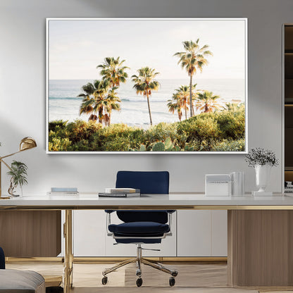 Framed print of sunlit palm trees on the California coast with warm tones, perfect for coastal minimalist or beach-style home decor.
