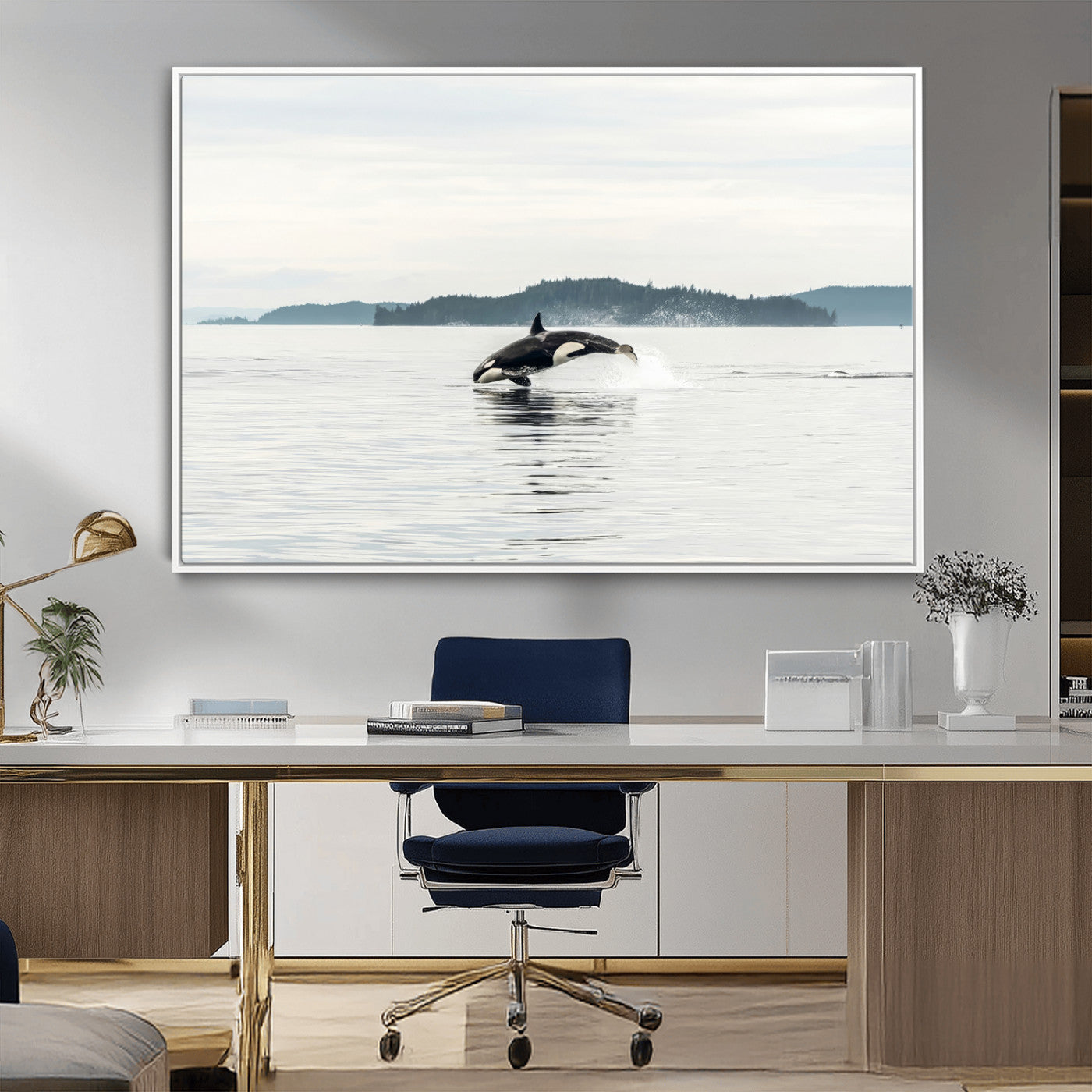 An orca jumping out of calm ocean waters with a misty island in the background, creating a serene and minimalist marine wildlife scene.