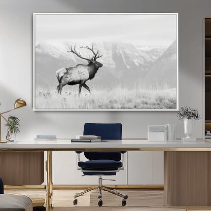 Black and white photograph of a majestic elk standing in a grassy field with snow-capped mountains in the background, creating a bold and rustic wilderness scene.