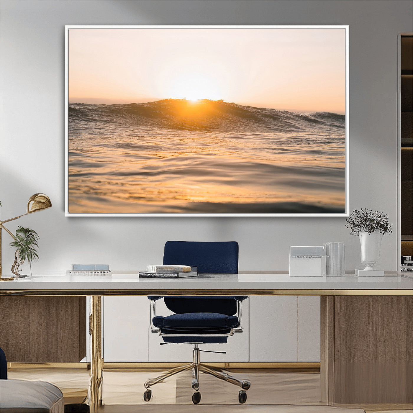 Ocean waves glowing under a warm golden sunset, reflecting soft light and calm movement, perfect for warm minimalist coastal interiors.