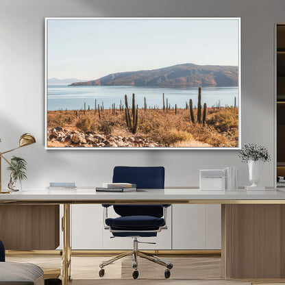 Warm desert landscape with cacti and coastal mountains, perfect for southwestern or earthy calm-themed home wall decor.