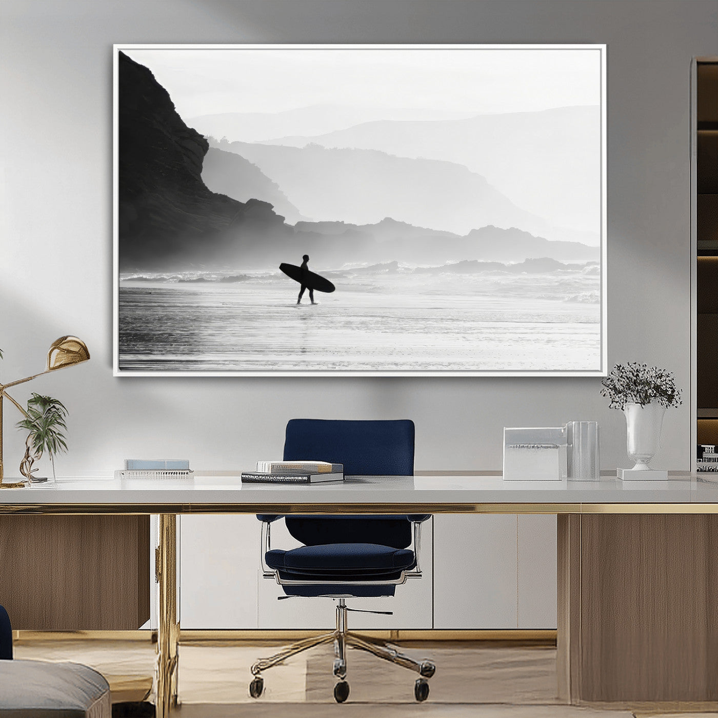 A lone surfer walking along a misty beach with cliffs in the background, carrying their board, capturing a serene and minimal ocean moment.