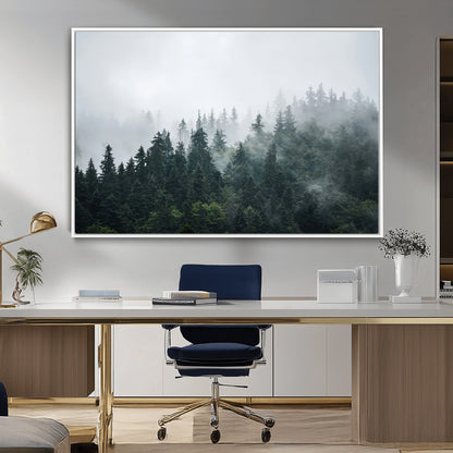 A misty evergreen forest shrouded in soft fog, creating a tranquil and moody landscape with lush green trees fading into the distance.