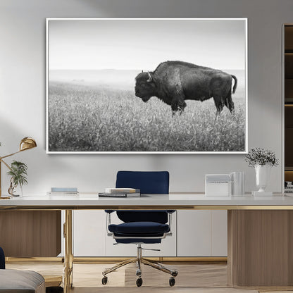 A black and white photograph of a majestic bison standing in a vast grassy prairie, evoking a sense of wilderness and strength.