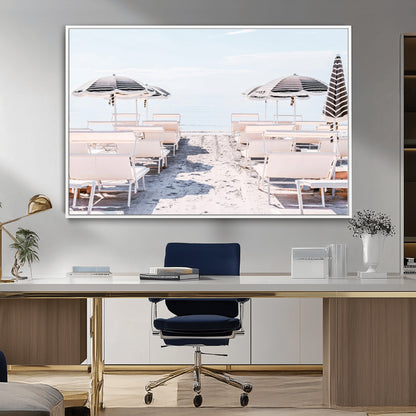 A serene minimalist beach scene featuring striped umbrellas, soft pastel sand, and an elegant lounge setup, creating a tranquil and stylish coastal retreat.