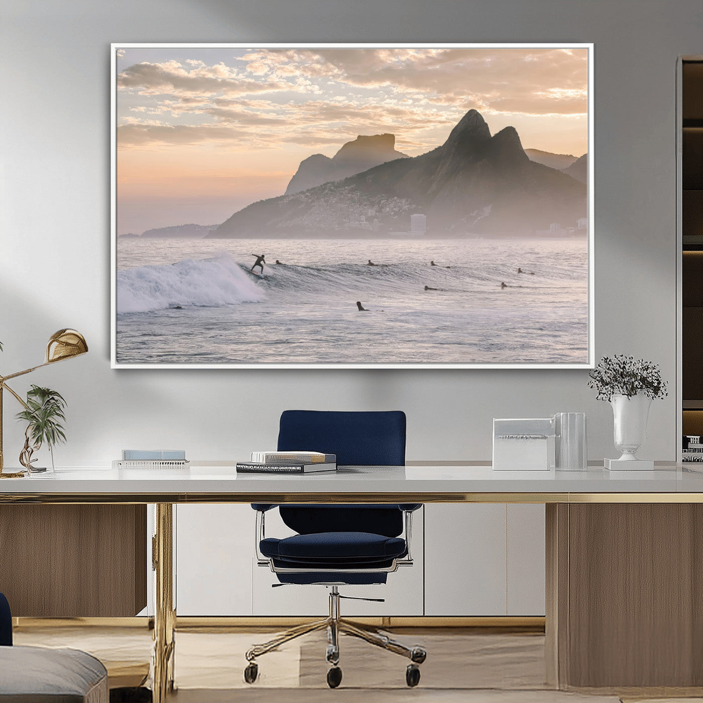 A surfer rides a golden hour wave near misty coastal mountains, surrounded by fellow surfers, capturing the spirit of a coastal adventure.